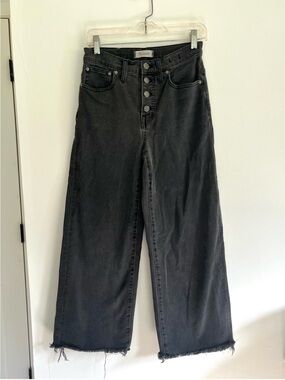 Madewell Black Wide Leg Crop High Rise Button Fly Raw Hem Grunge Denim Jeans 26
